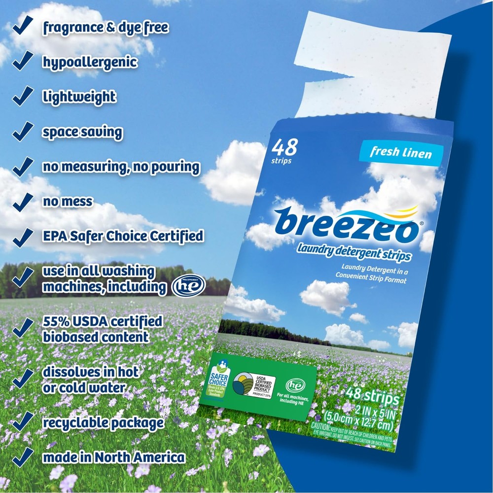 Breezeo Laundry Detergent Strips (Laundry Detergent Sheets), Fresh Linen Scent,