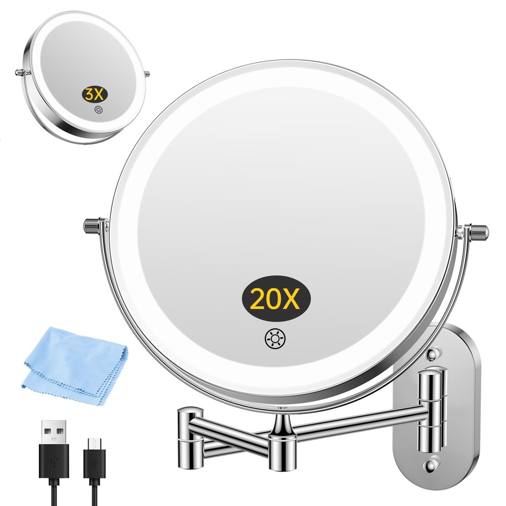 FUNTOUCH Rechargeable Wall Mounted Makeup Mirror with Lights,5000mAh Double Side