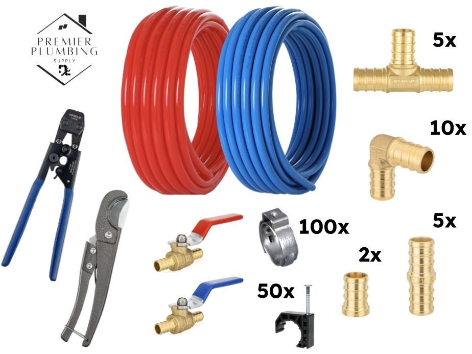1/2" Pex-B Pipe 2x50ft Rolls (Red+Blue) Clamp Fittings Crimper Plumbing Kit