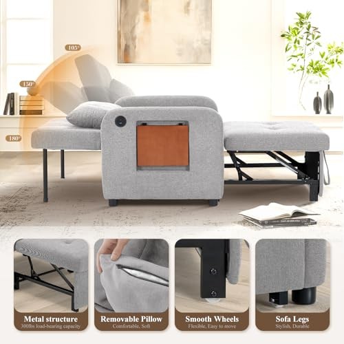 Convertible Sleeper Chair-Fabric Futon Sofa Bed, Single Sleeper Sofa, Lightgrey