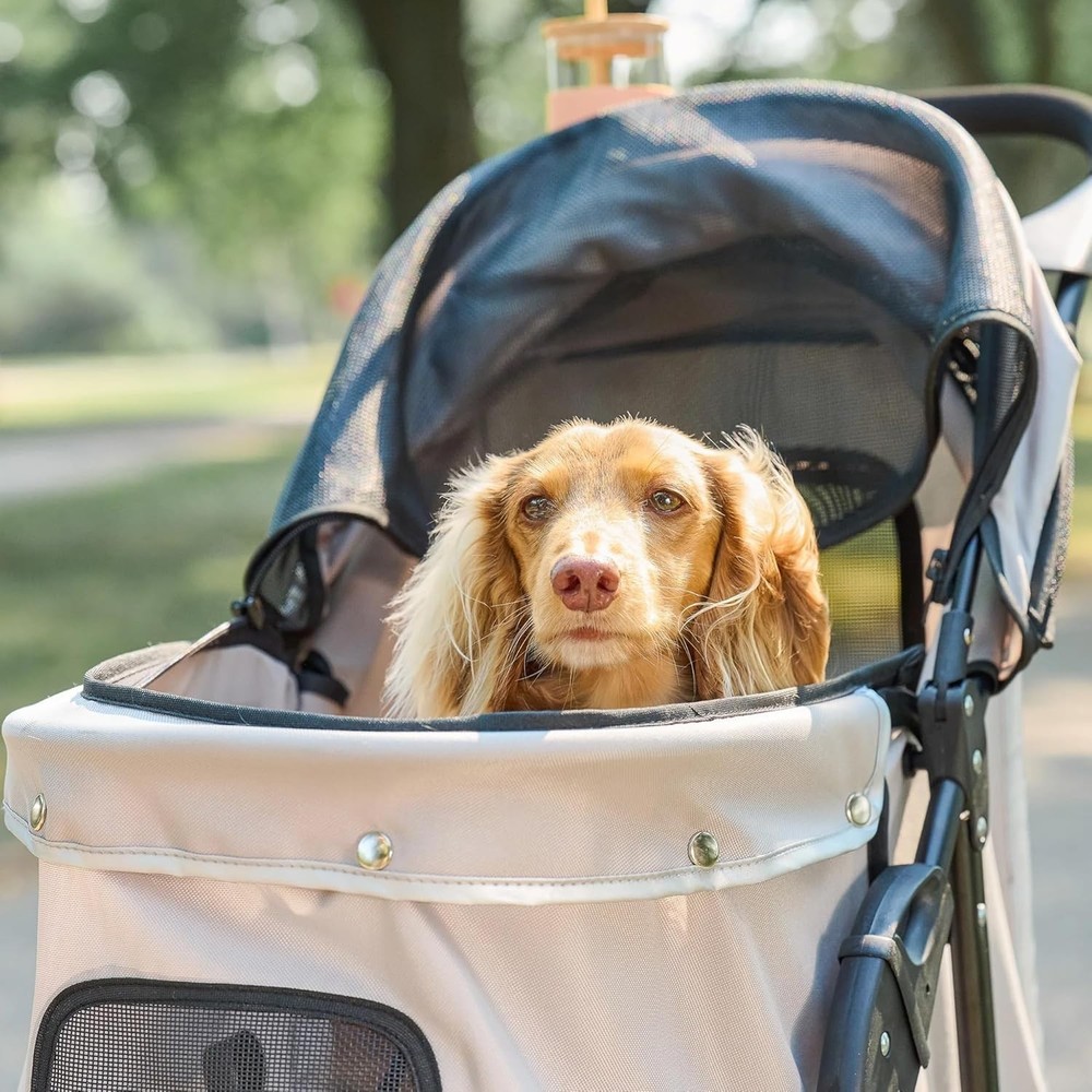 Lightweight Khaki Pet Stroller with Adjustable Canopy, Cup Holder & Brake System