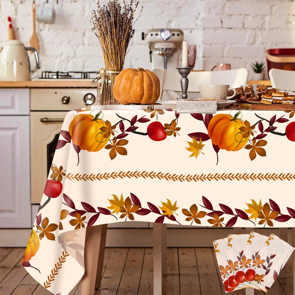 4 Pack Thanksgiving Fall Tablecloths, Disposable Plastic 54" x 108", Pumpkin
