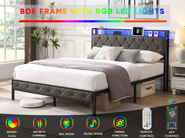 Full/Queen/King Bed Frame with Storage Headboard, Charging Station LED Lights,