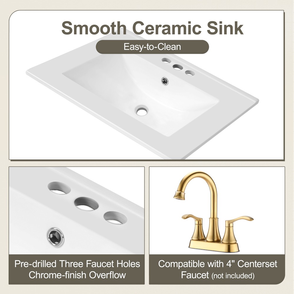 Bathroom Vanity with Ceramic Sink Solid Wood Frame Storage Cabinet Deep Drawer