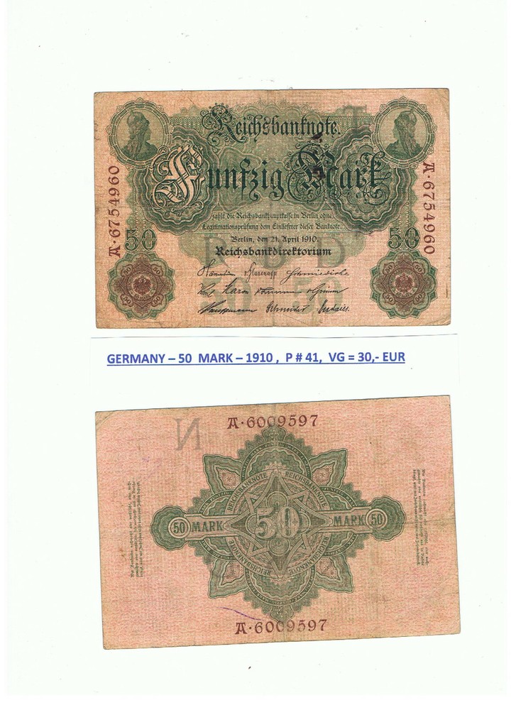 GERMANY -50  MARK-1910 , P # 41 , VG .
