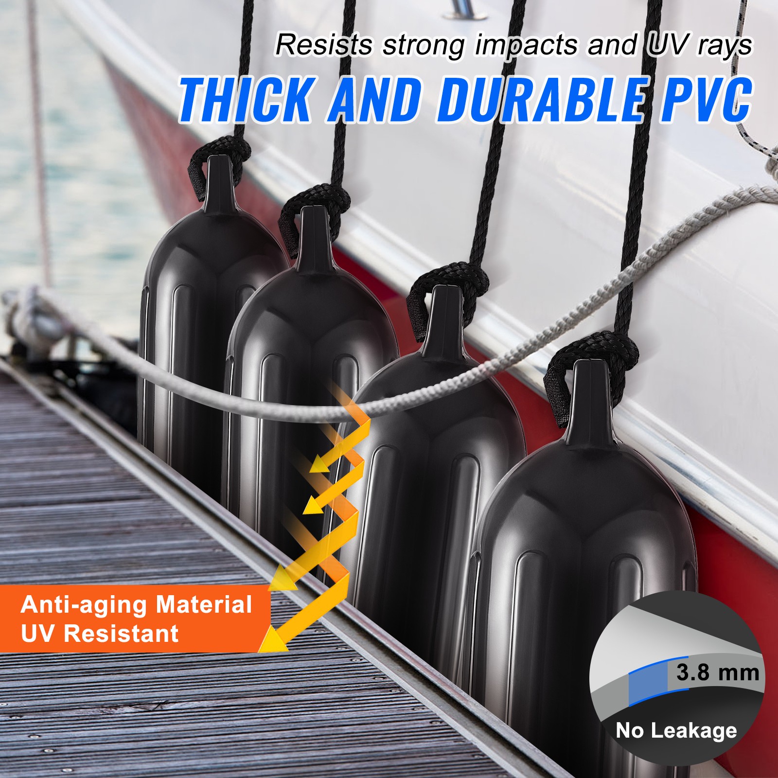 4Pcs Boat Fenders Inflatable Ribbed Boat Bumpers for Docking 5.5" x 20" Black