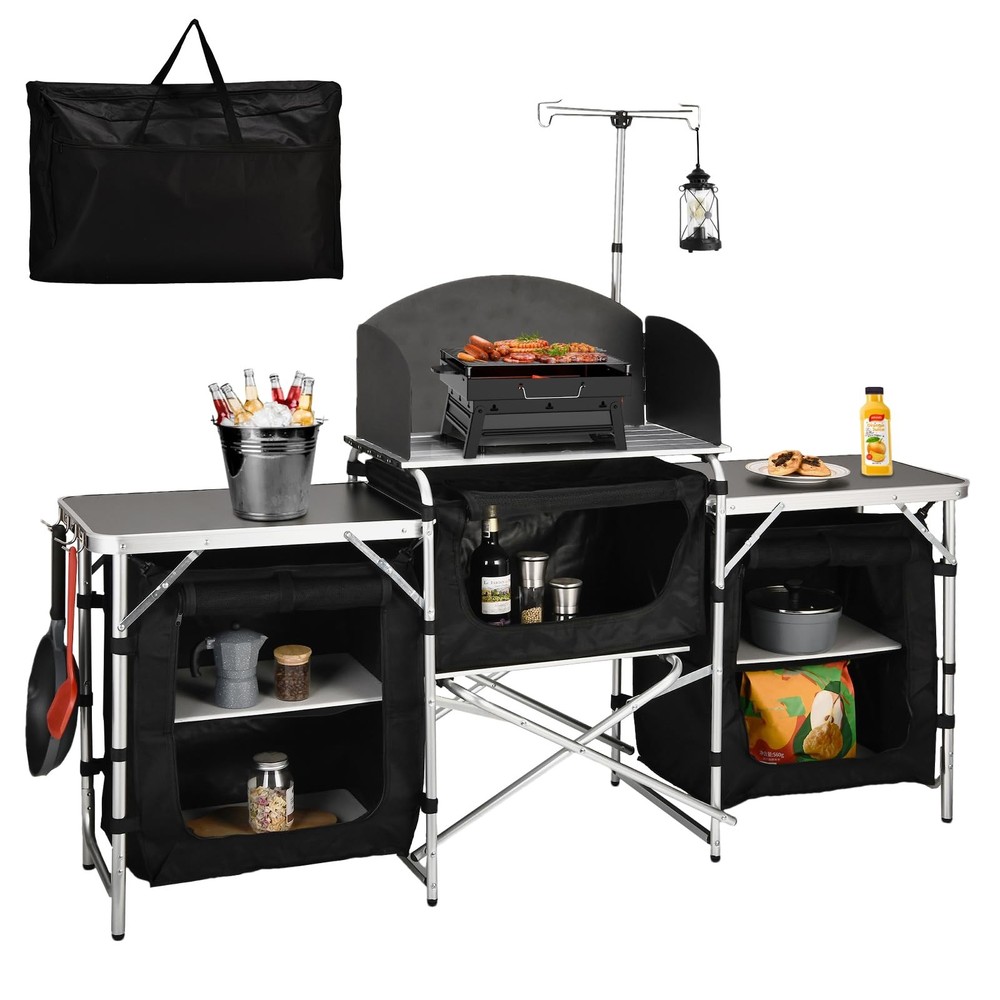 Cmaping KitchenTable, Aluminum Folding Camping Cook Station with Windshield, ...
