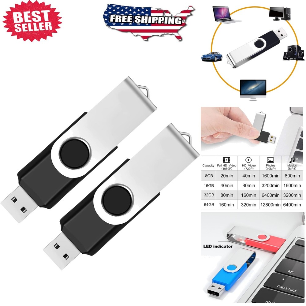 2 Pack 64GB USB 2.0 Flash Drive - Swivel Design for Fast Data Storage