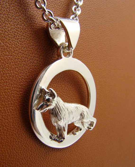 Small Sterling Silver German Shepherd Dog Standing Study On A Wide Circle Frame