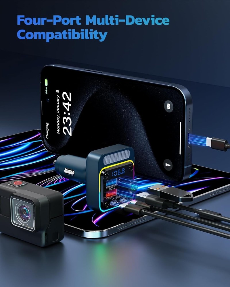 4-Port Bluetooth Car Adapter with FM Transmitter & LED Backlit - 54W Power