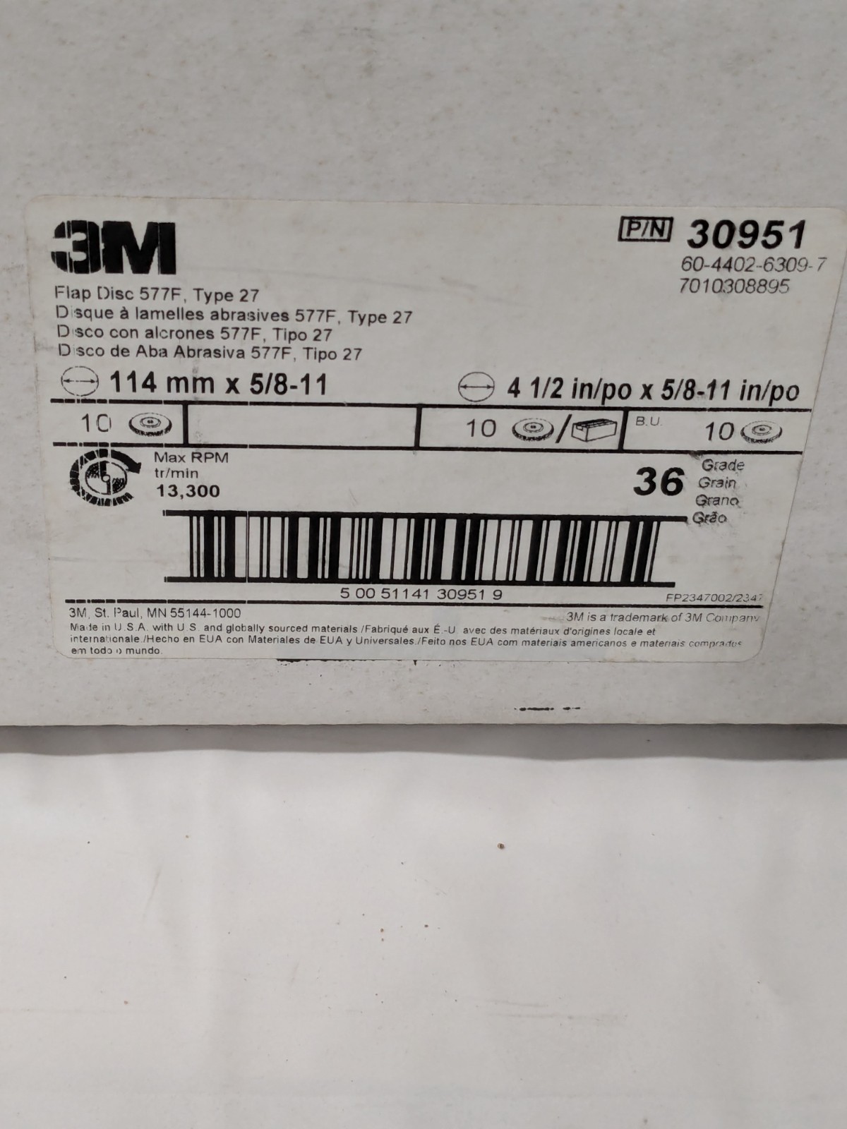 3M Flap Disc 4-1/2" Dia, 36 Grit, Zirconia Alumina, Type 27 Box of 10 7010308895
