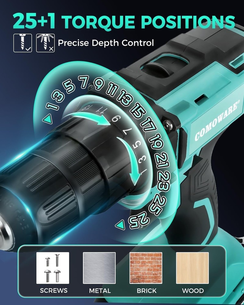 High-Power 20V Cordless Drill with LED Light & Adjustable Torque Control