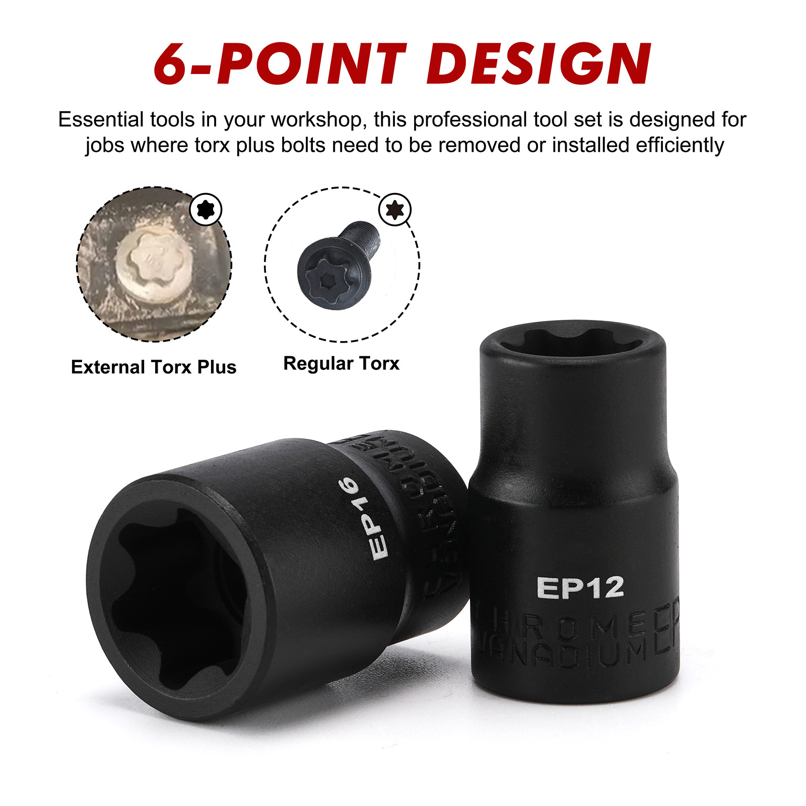 19PCS External Torx Plus Socket Set 6 Point EP Socket EP4-EP32 5 Point 1/2'' Dr