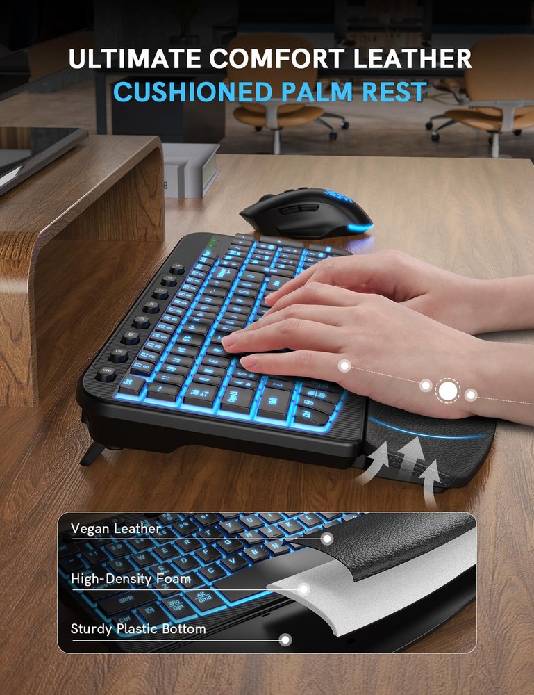 Ergonomic Wireless Keyboard and Mouse Combo - Wave Keyboard with Soft Leather