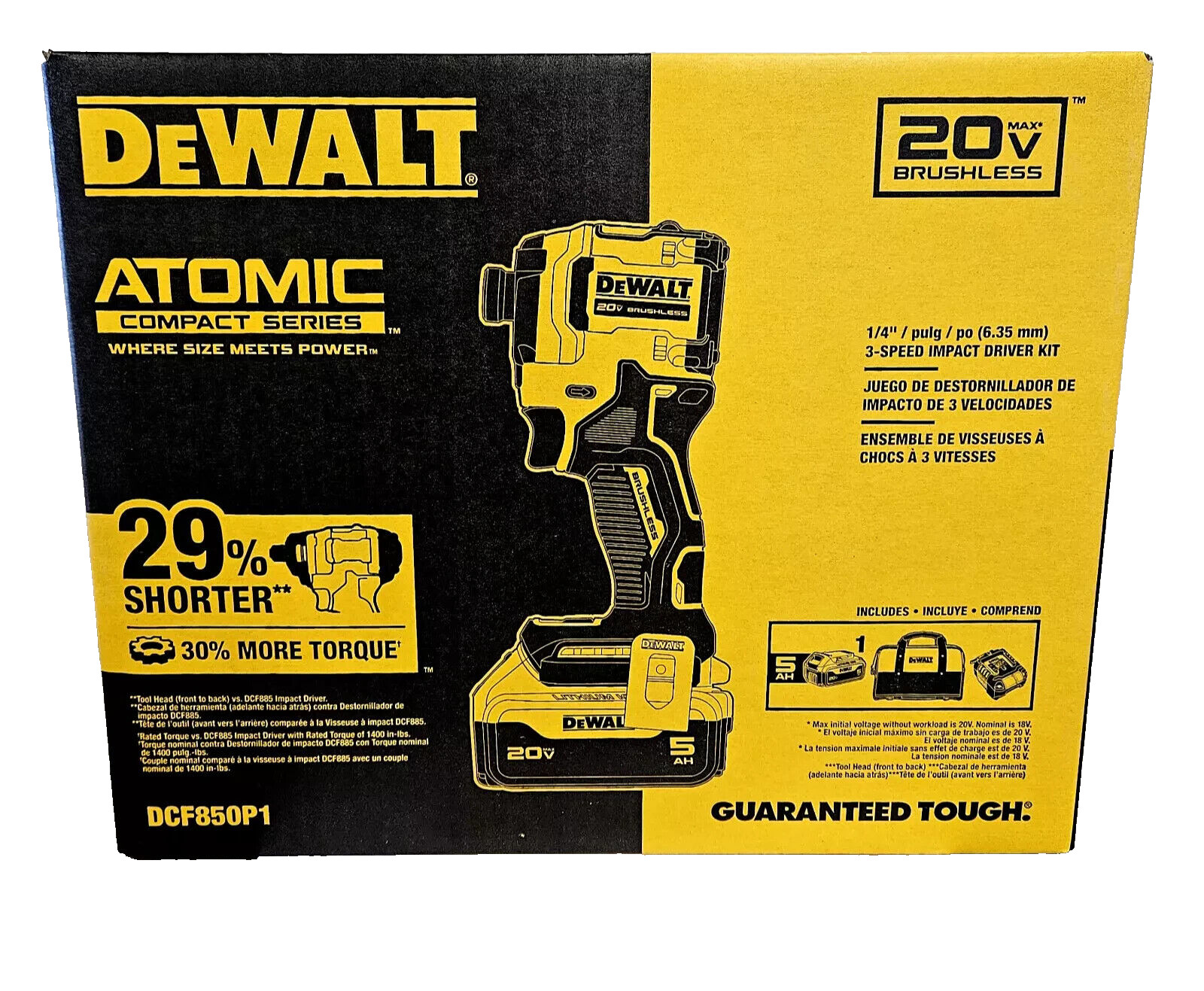 DEWALT ATOMIC 20V 1/4" 3 Speed IMPACT DRIVER KIT + 5Ah BATTERY, Charger DCF850P1