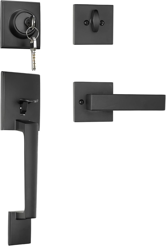 - Front Door Lock and Handle with Deadbolt - Set Includes Installation Template,