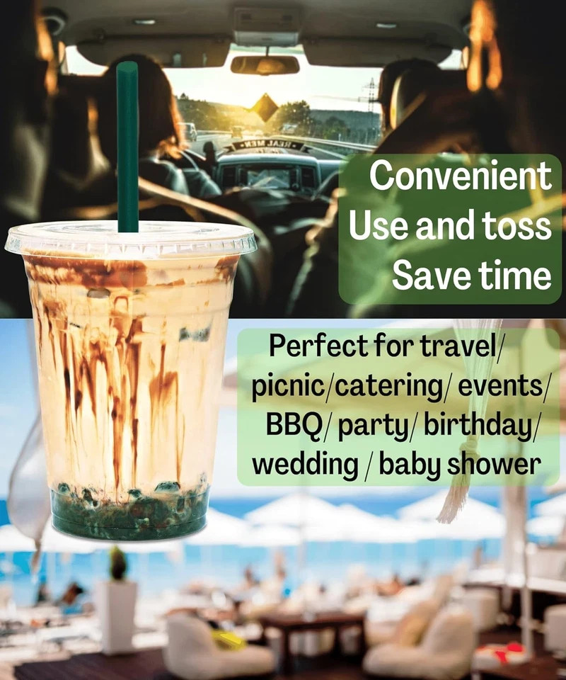 16 Oz Clear Plastic Cups with Lids and STRAWS, Disposable Drinking Cups for Cold