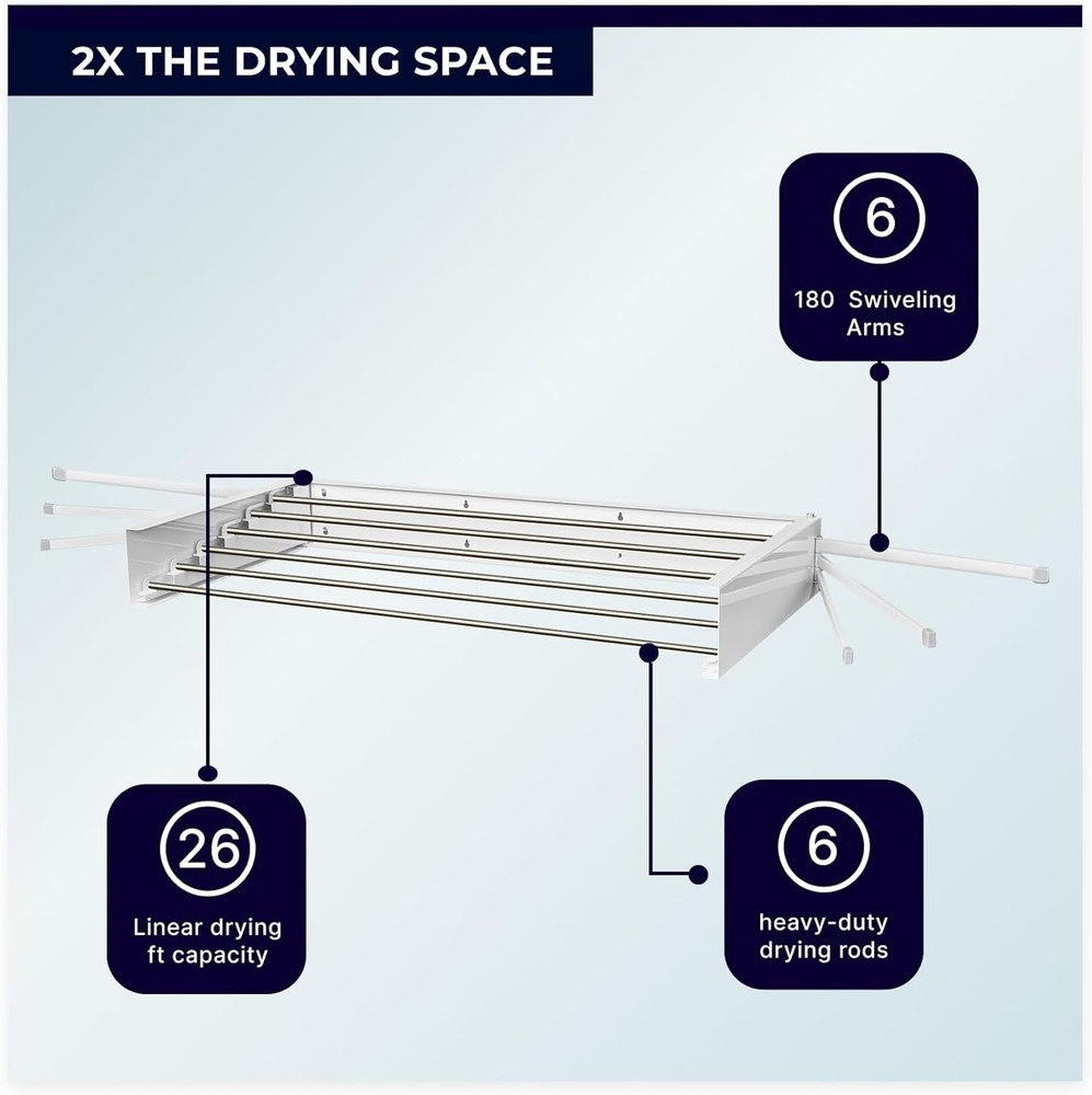 Wall-mounted clothes drying rack with 6 swivel arms