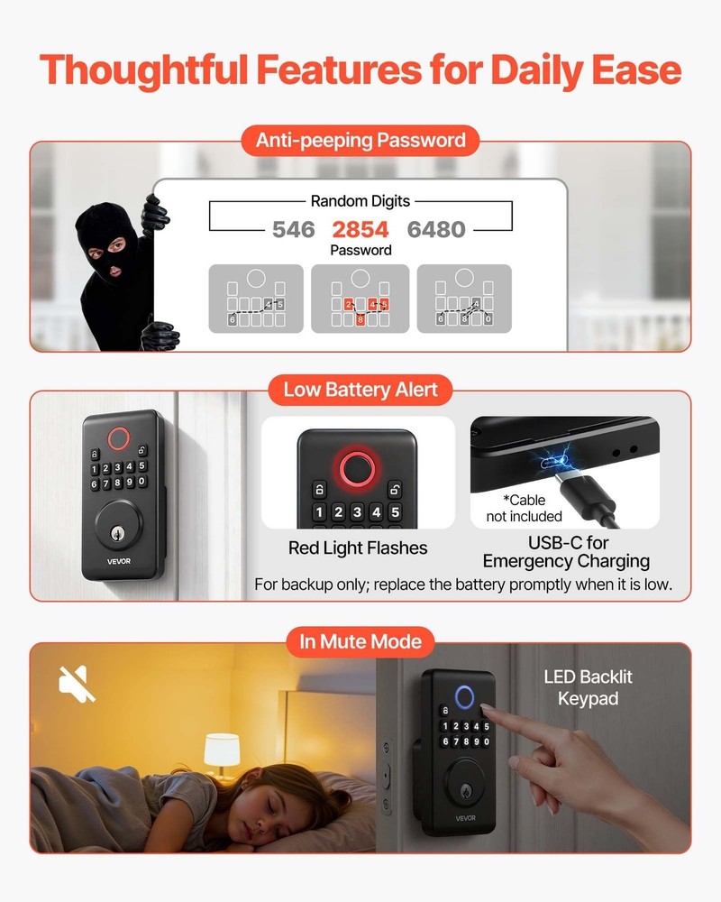 Matte Black Keyless Deadbolt: 100 Codes, Auto Lock, Backlit Keypad, IP55
