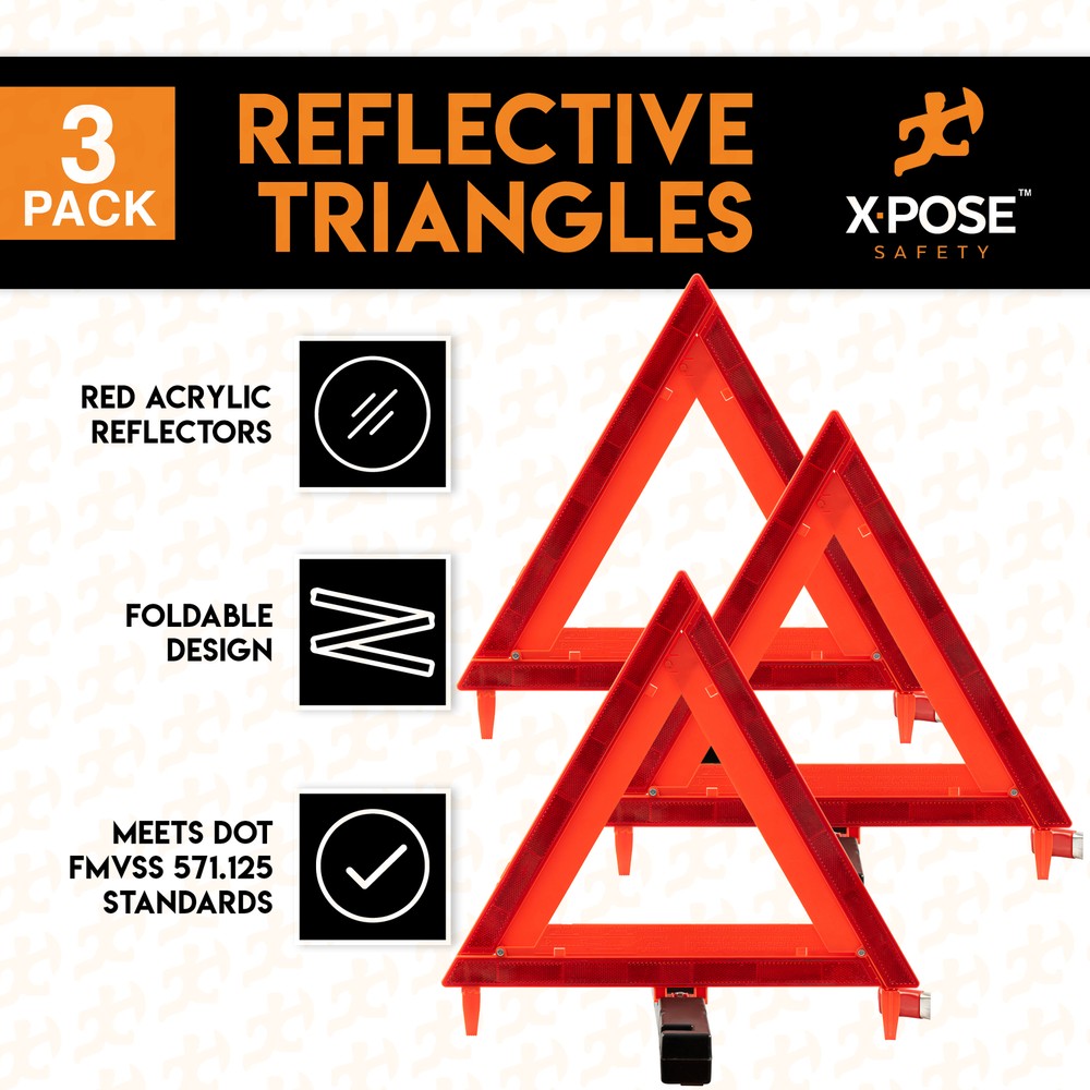 Reflective Emergency Triangles 3 Pack - Roadside Car Safety and Warning Tool
