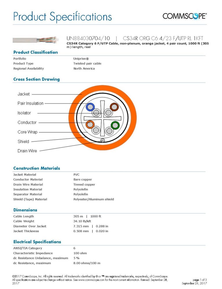 Commscope CS34R 23/4P Cat6 F/UTP WebTrak Riser Shield Network Cable Orange/100ft
