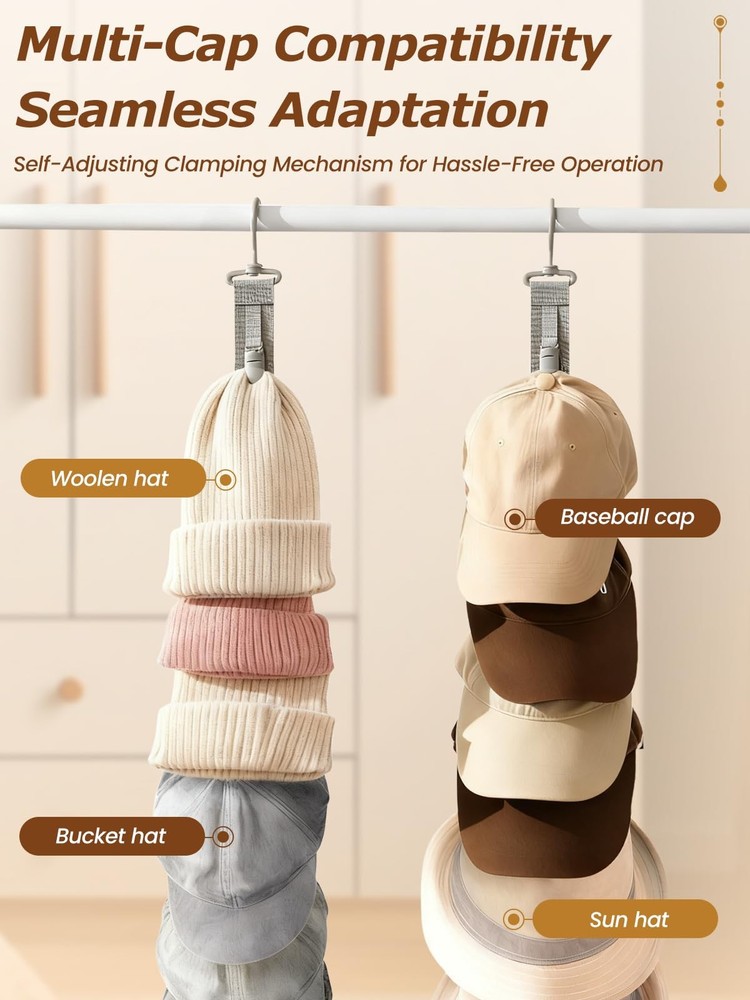 Over the Door Hat Rack - 8 Rotatable Clips Cap Organizer, Foldable Hanging St...