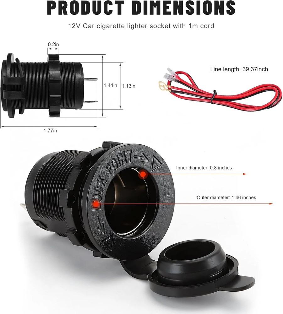12V Car Cigarette Lighter Socket, Waterproof Plug Power Outlet Replacement, US