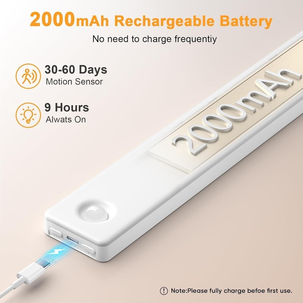 Smart Motion Sensor Under Cabinet Lighting - 2-Pack Rechargeable & Dimmable