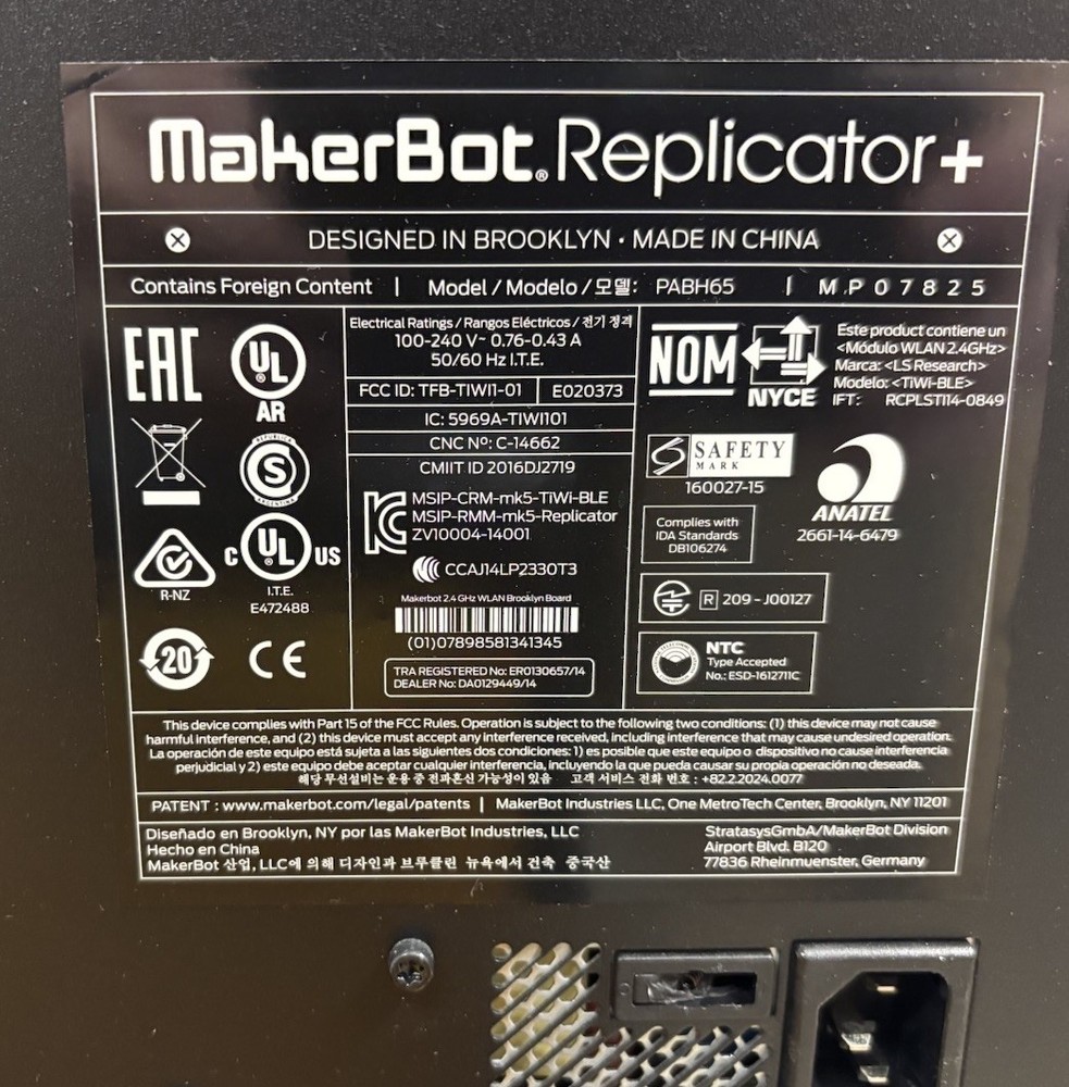 MakerBot Replicator+ Plus 3D Printer Model PABH65 MP07825 with Power Cord - Used