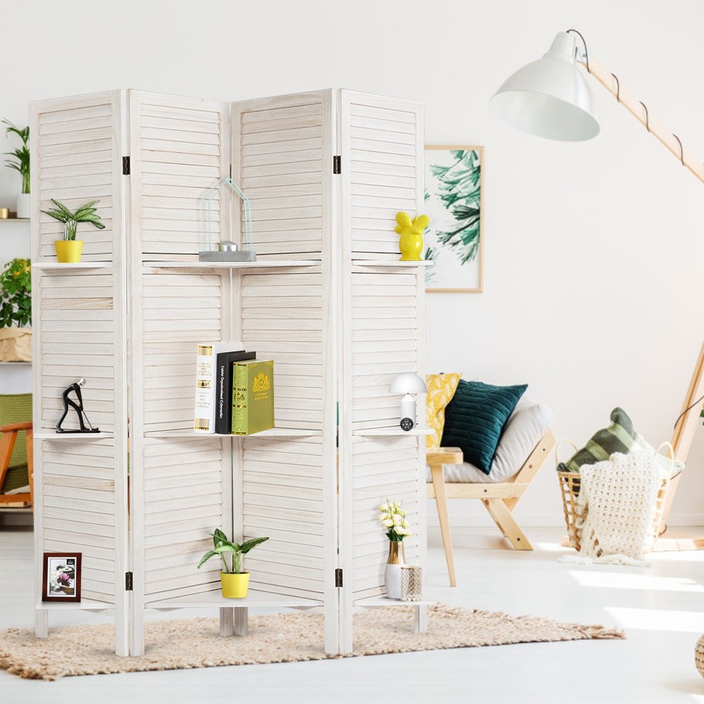 5.6 Ft 4 Panel Bedroom Modern Divider Screen Foldable W/3 Display Rack White
