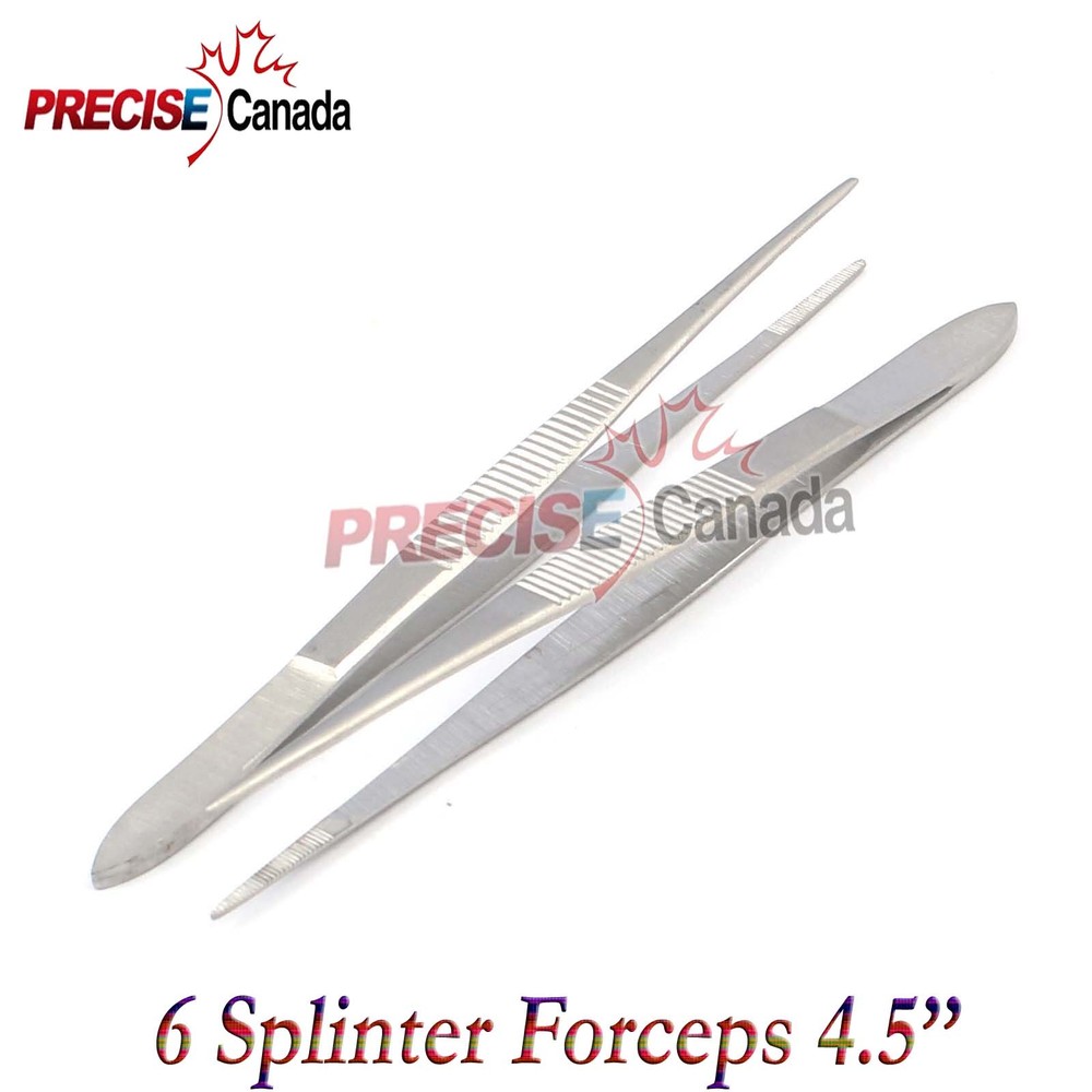 6 Splinter Forceps 4.5" Fine Point Serrated Tips, Surgical Dental Instruments