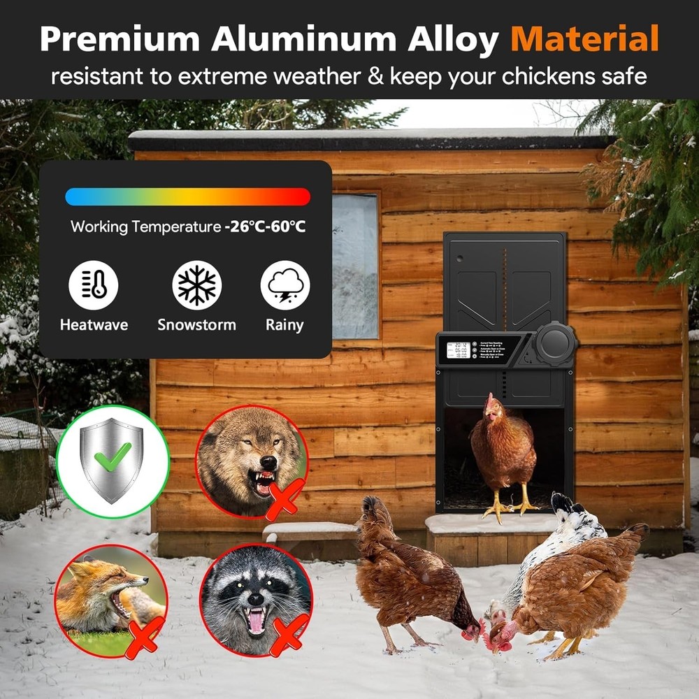 Large Automatic Chicken Coop Door with LCD Display, Aluminum Automatic Chicke...