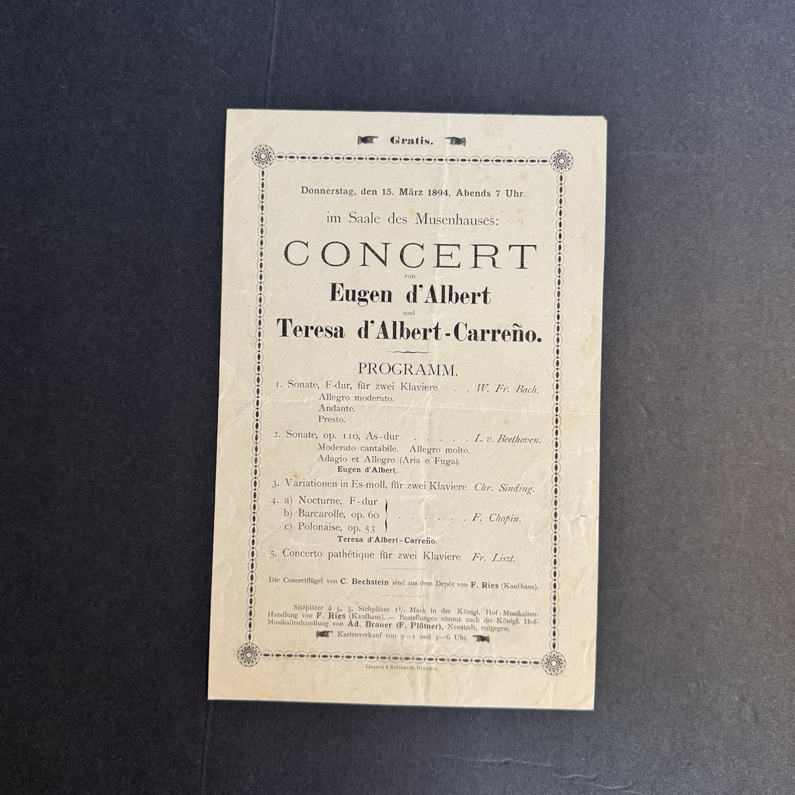 1894 Rare Concert Program Eugen d'Albert & Teresa Carreno Dresden Bechstein