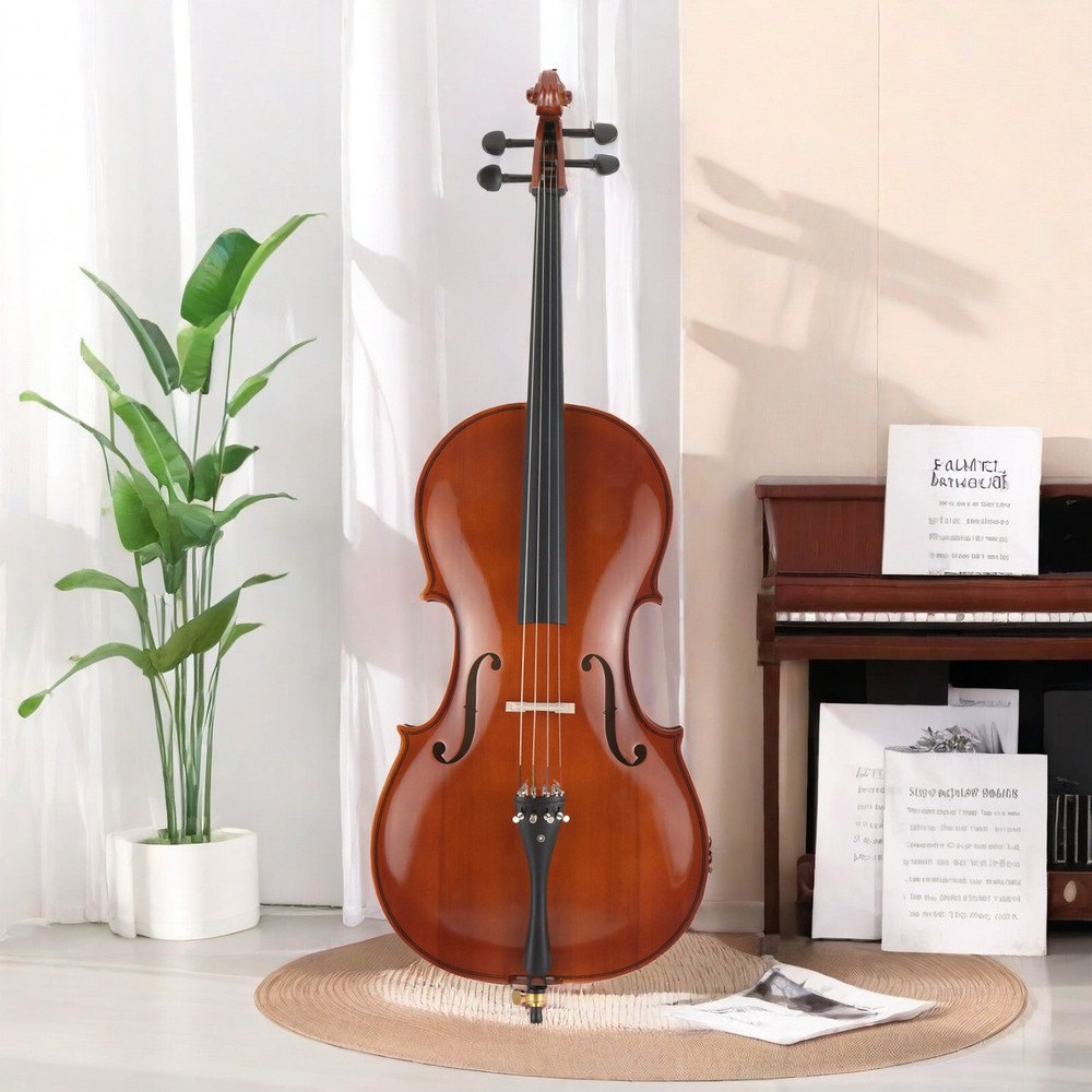 Natural Full Size 4/4 Acoustic Cello Set w/ Spruce Panel & Tiger Pattern Process