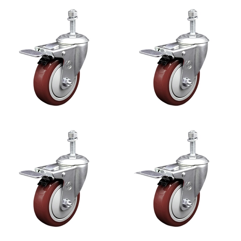 4 Inch SS Maroon Polyurethane 10mm Threaded Stem Caster Set Total Lock Brake