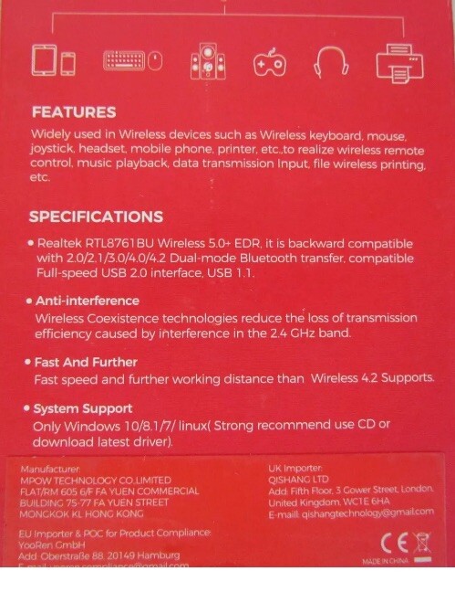 Mpow Bluetooth Dongle 5.0 USB Adapter for PC, Supports Windows 7/8.1/10