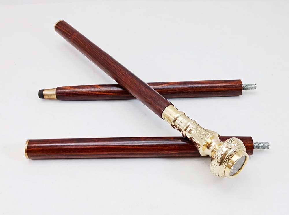 Vintage Style Solid Brass Compass on Head Handle Wooden Walking Stick Cane Gift