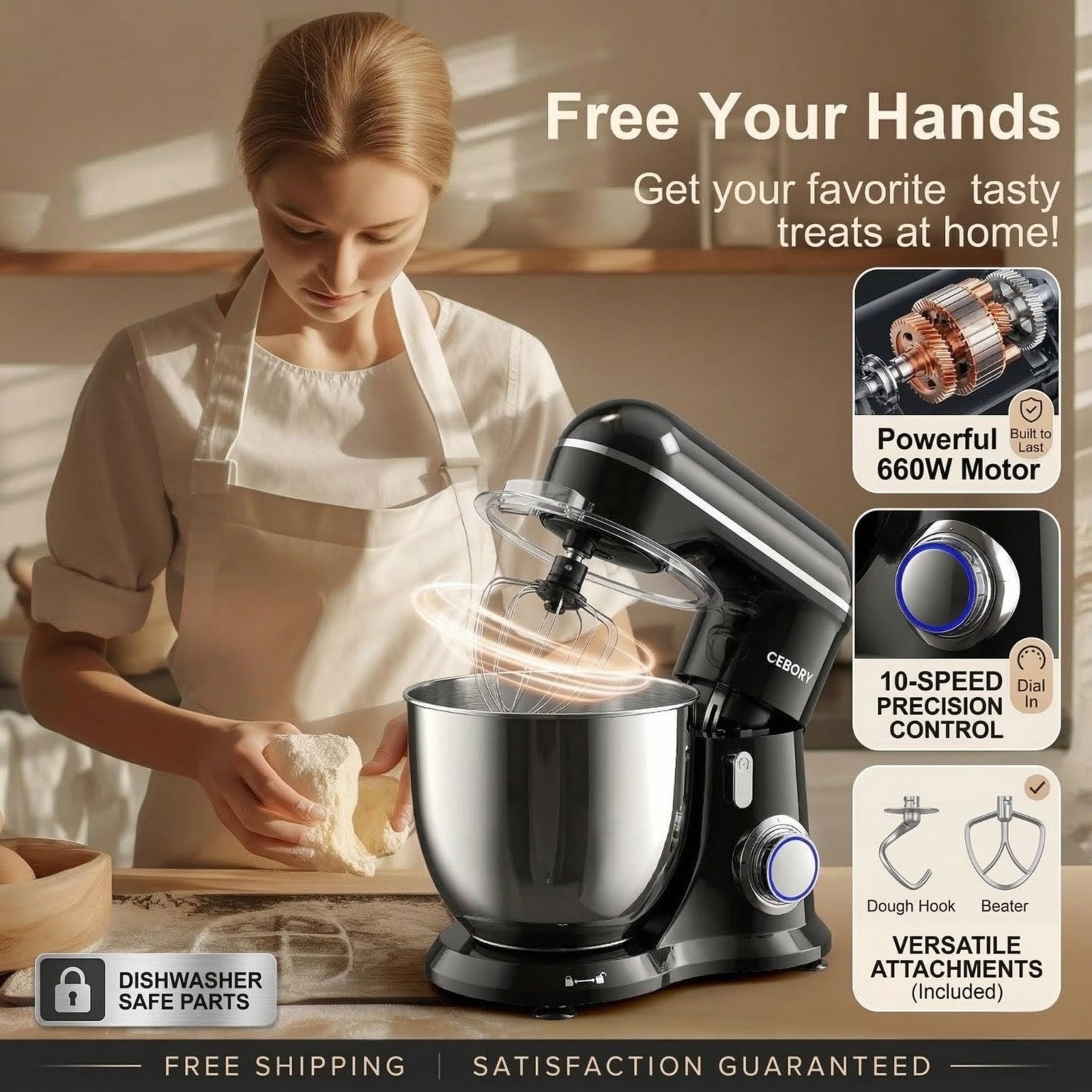 6.5QT Electric Stand Mixer 660W 10-Speed - 3-in-1 Tilt-Head Kitchen Food Mixer