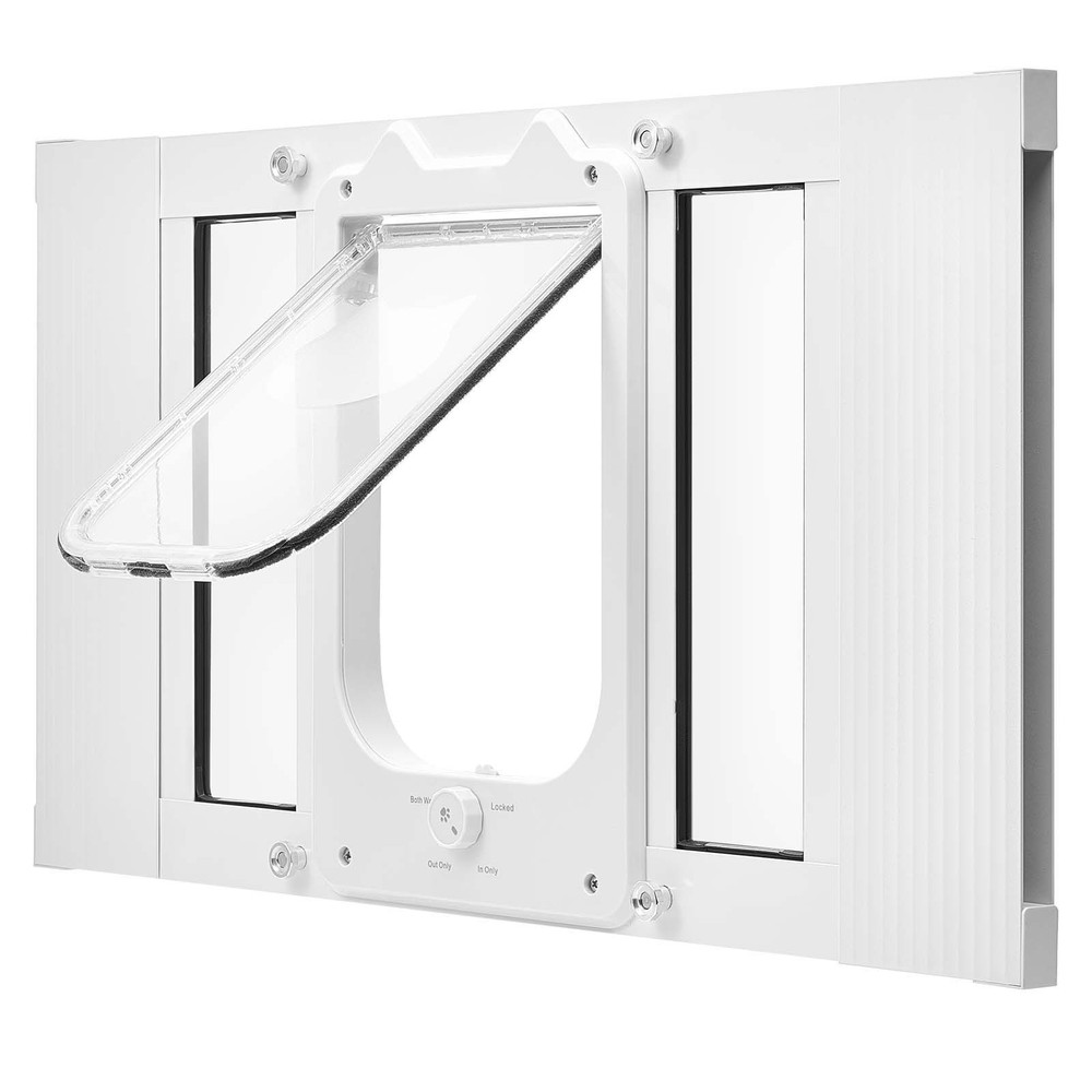 Cat Door for Window, Adjustable to Fit Window Width 23"-28", 4 Secure Lock Modes