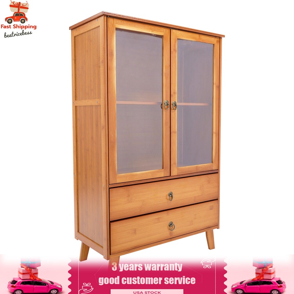 2-Compartments Bamboo Kitchen Sideboard Storage Organizer Cupboard Freestanding