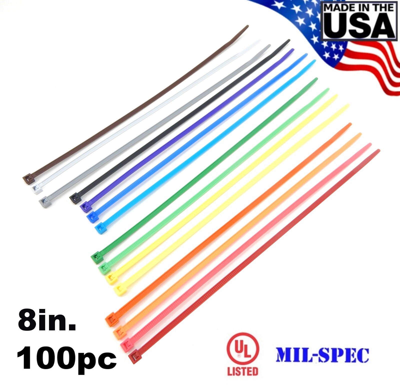 Color Zip Cable Ties 8" 40lbs 100pc Made in USA Nylon Wire Tie Wraps