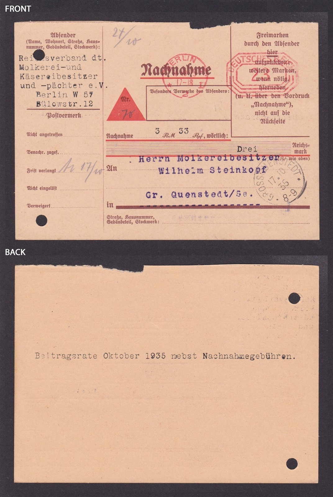 GERMANY 1935, Money order from Berlin with meter mark