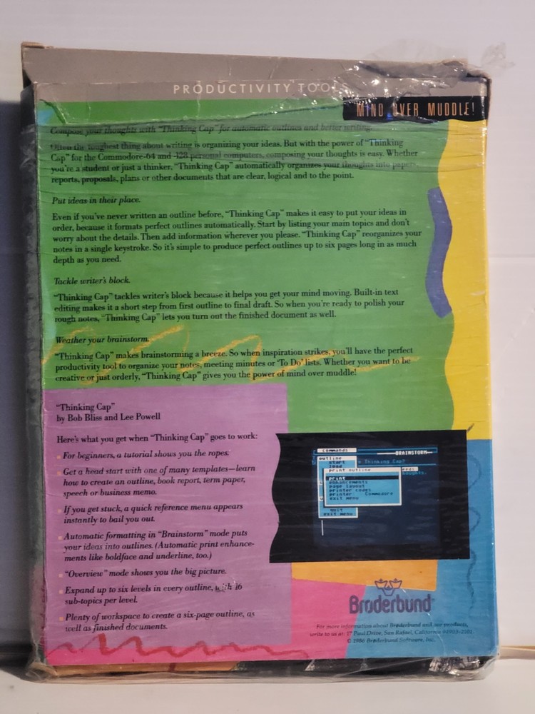 Thinking Cap The Outline Processor by Broderbund for C64 - C128 RARE. UNTESTED