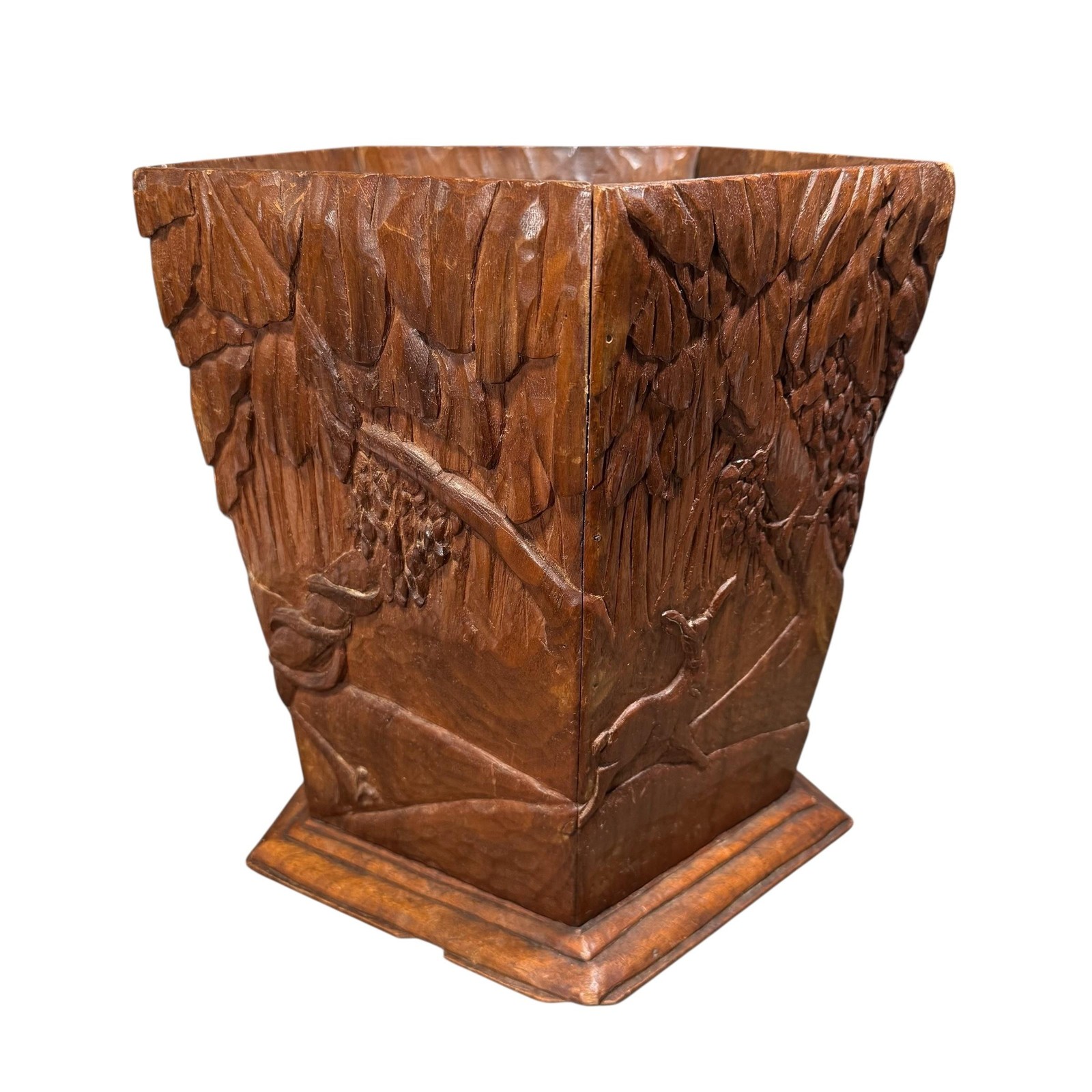 Vintage Hand Carved Wood Deer Forest Table Vase Pentagon Rustic Folk Primitive