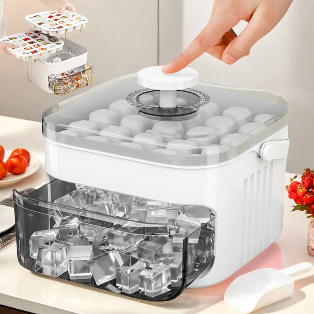 Compact Double‑Layer Ice Cube Tray with Lid, Bin & Pull‑Out Drawer — Smart Kitch