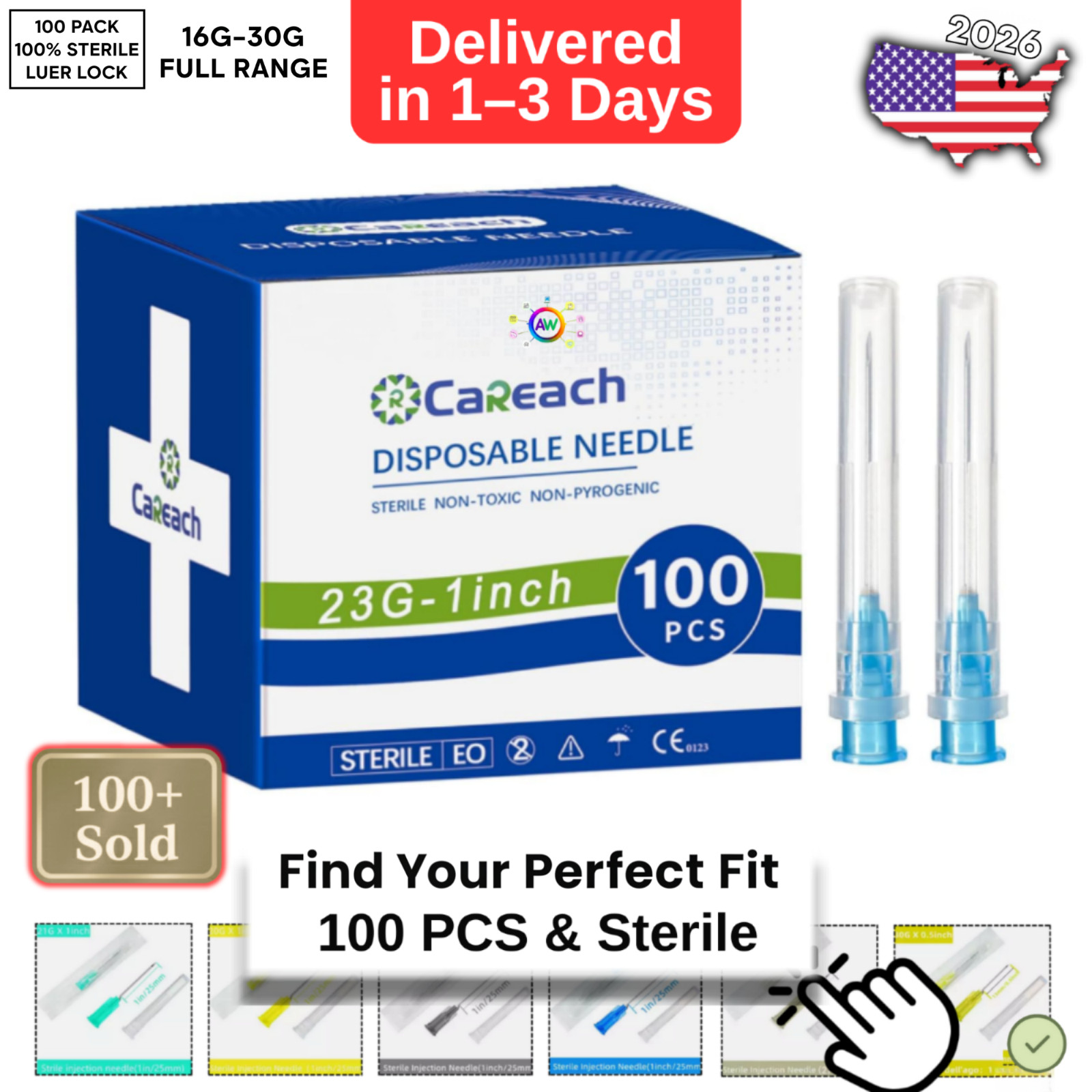 100 Pack Needle With Caps Luer Lock Sterile 23 Gauge 16 18G 20 21G 22 25G 27G 30