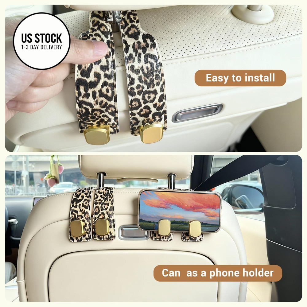 FLYEEGO 2 Pack Purse Hook for Car Headrest, Seat Back Storage Leopard
