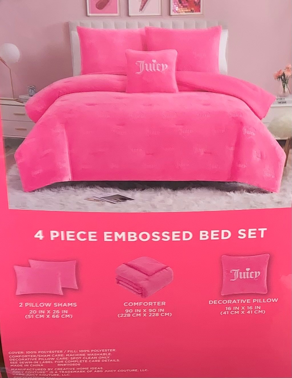 Juicy Couture Hot Pink Logos &Hearts Embossed Plush Soft 4pc QUEEN Comforter Set