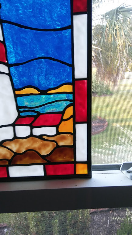 Lighthouse Nighttime Stained Glass Window Panel Hand Painted