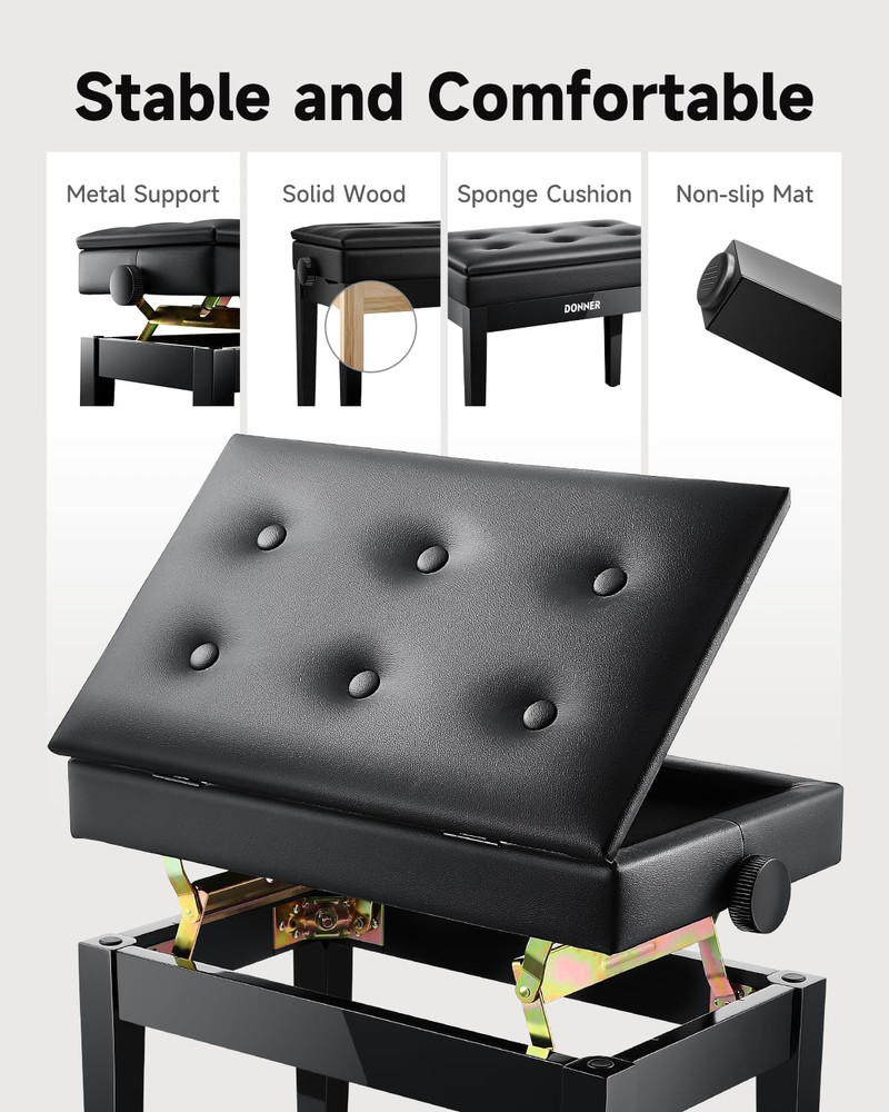 Adjustable Piano Bench with Storage & Cushion - Solid Wood Black Stool